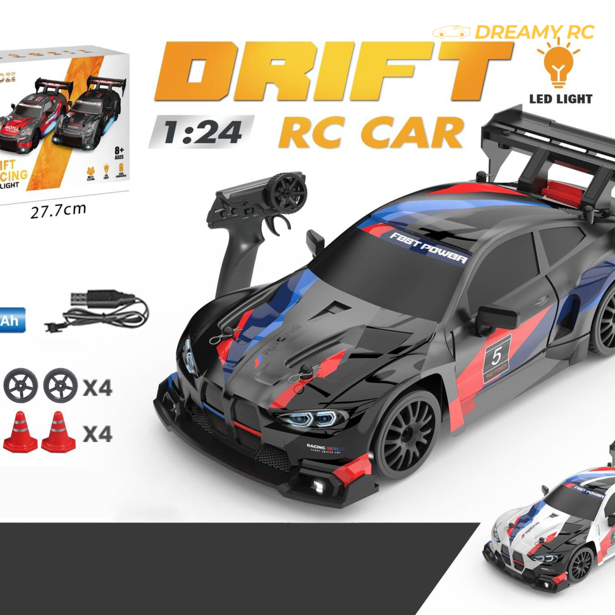 1:24 Scale Drift RC Car with LED Lights – 2.4GHz High-Speed Remote Control Car